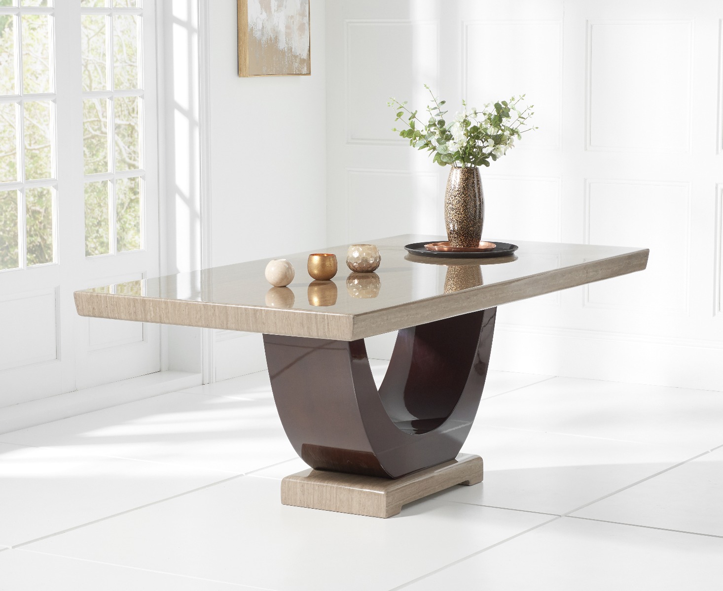 Novara 200cm Brown Pedestal Marble Dining Table