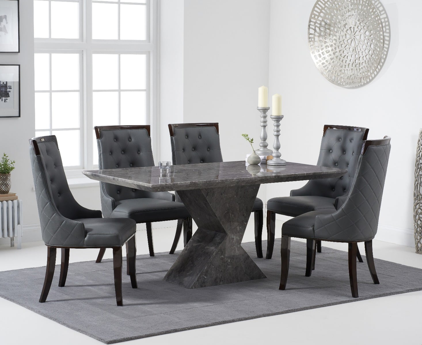 Aaron 160cm Marble Grey Dining Table with 4 Cream Francesca Chairs