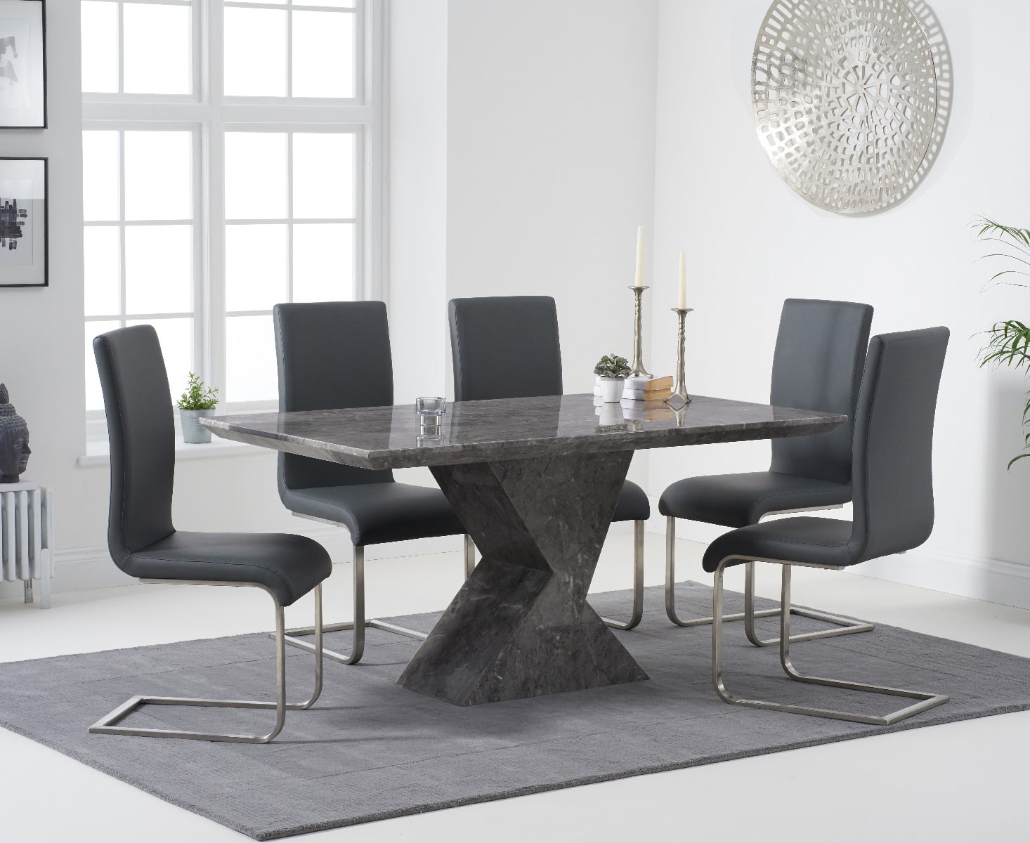 Aaron 160cm Marble Grey Dining Table with 4 Black Austin Chairs
