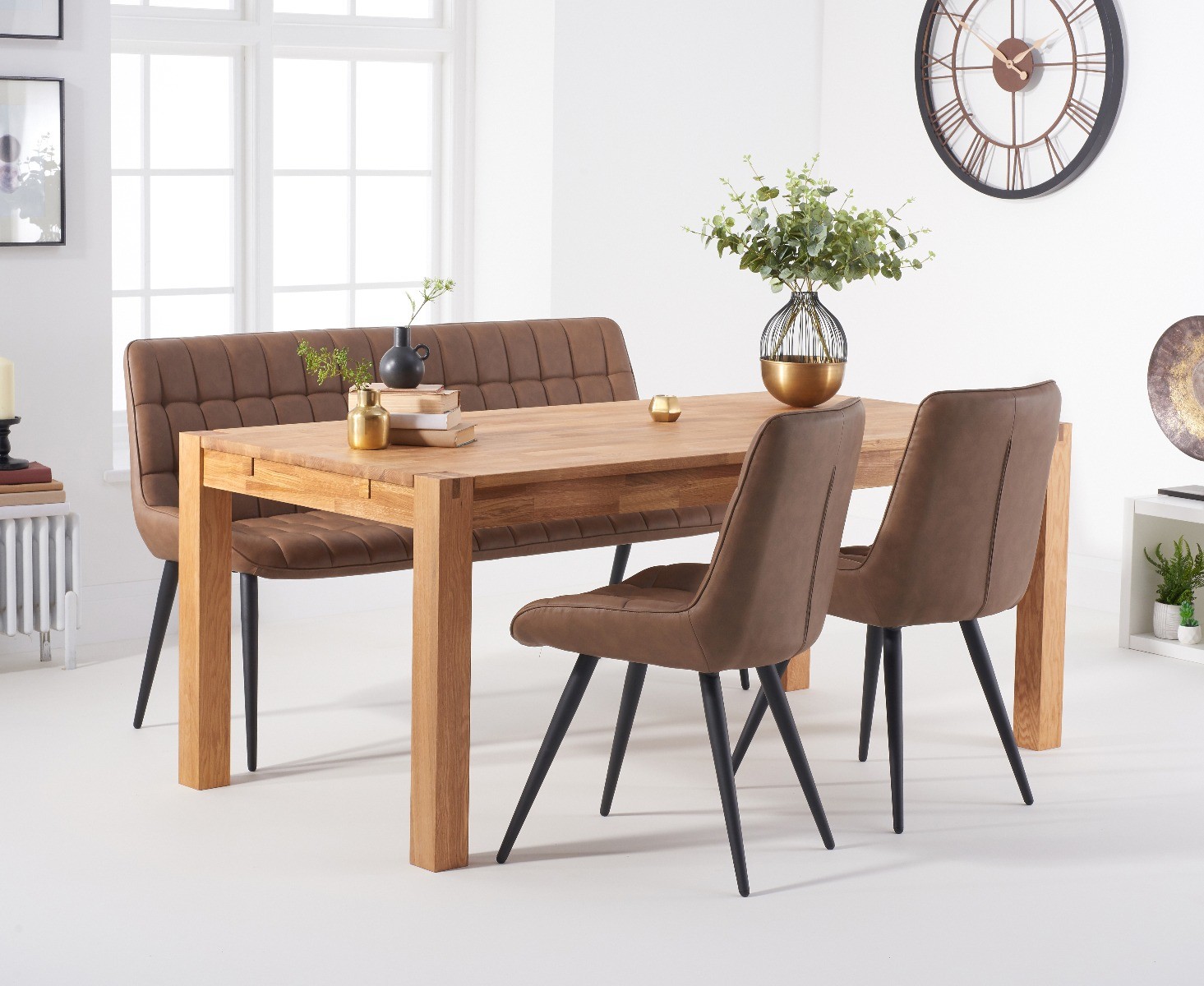 Thetford 180cm Oak Dining Table with 2 Brown Larson Chairs with 2 Brown Benches from Oak Furniture Superstore