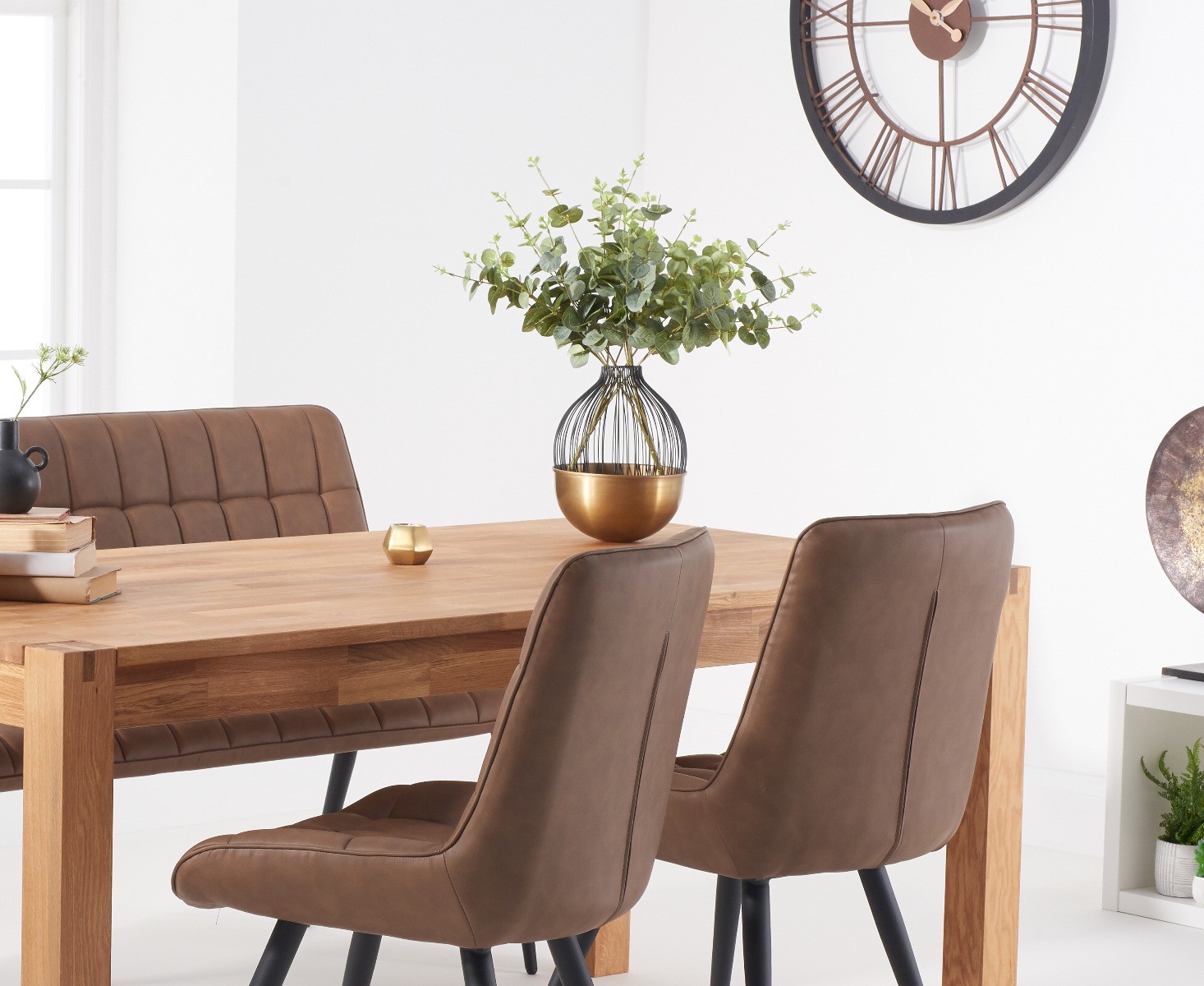 Thetford 150cm Oak Dining Table with 4 Brown Larson Chairs and 1 Brown Bench