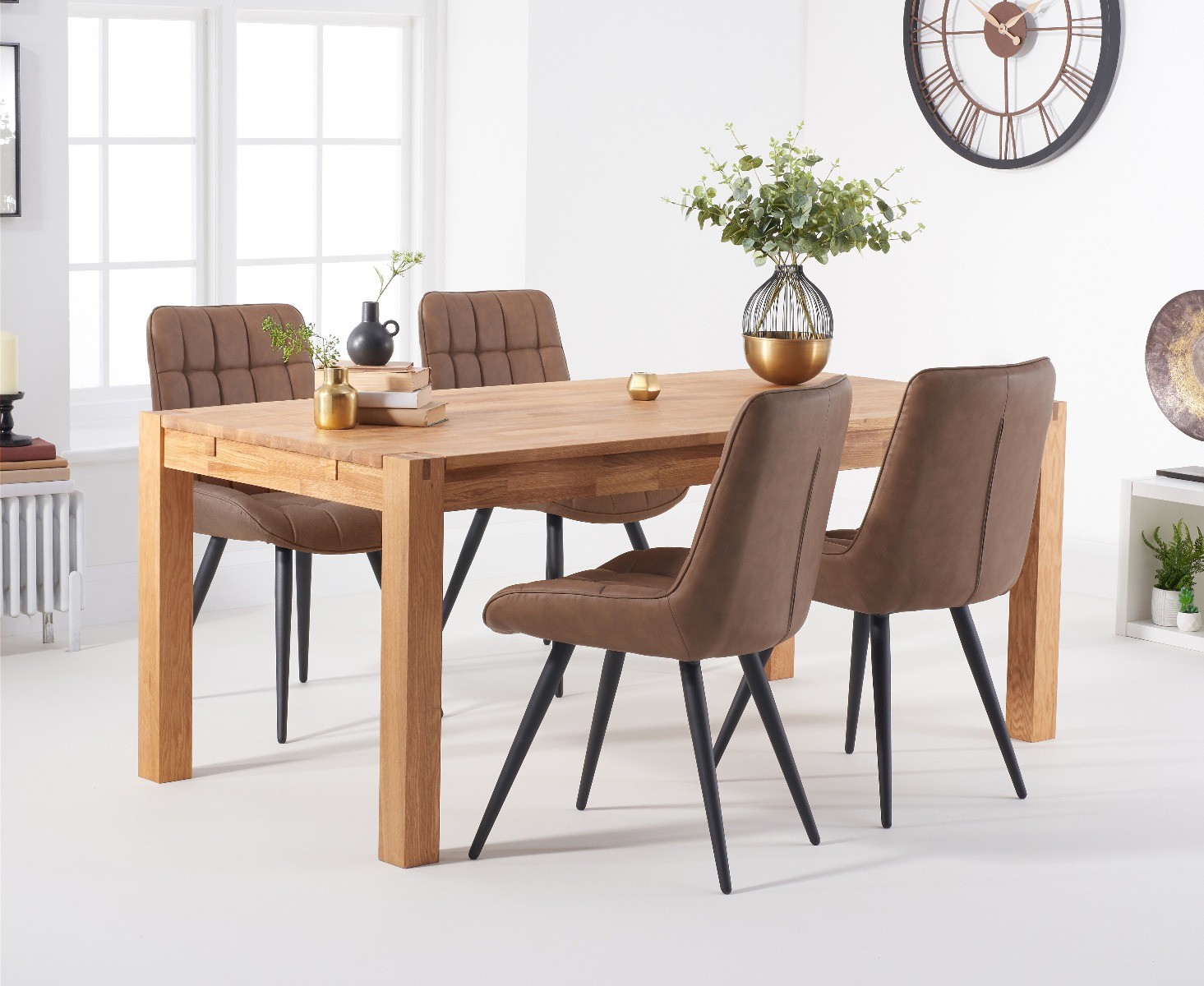 Thetford 150cm Oak Dining Table with 6 Brown Larson Chairs