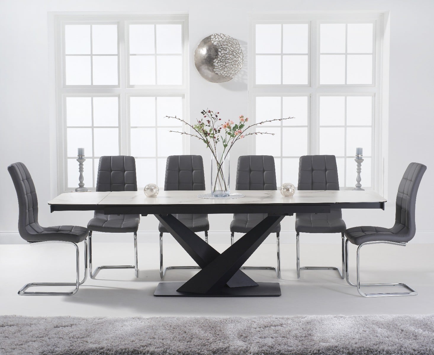 Extending Jacob 180cm White Ceramic Dining Table With 8 Grey Vigo Chairs