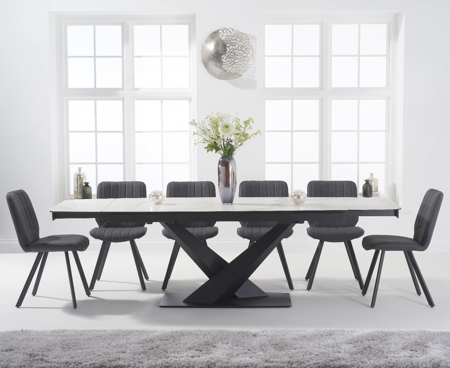 Extending Jacob 180cm White Ceramic Dining Table With 6 Grey Hendrick Chairs