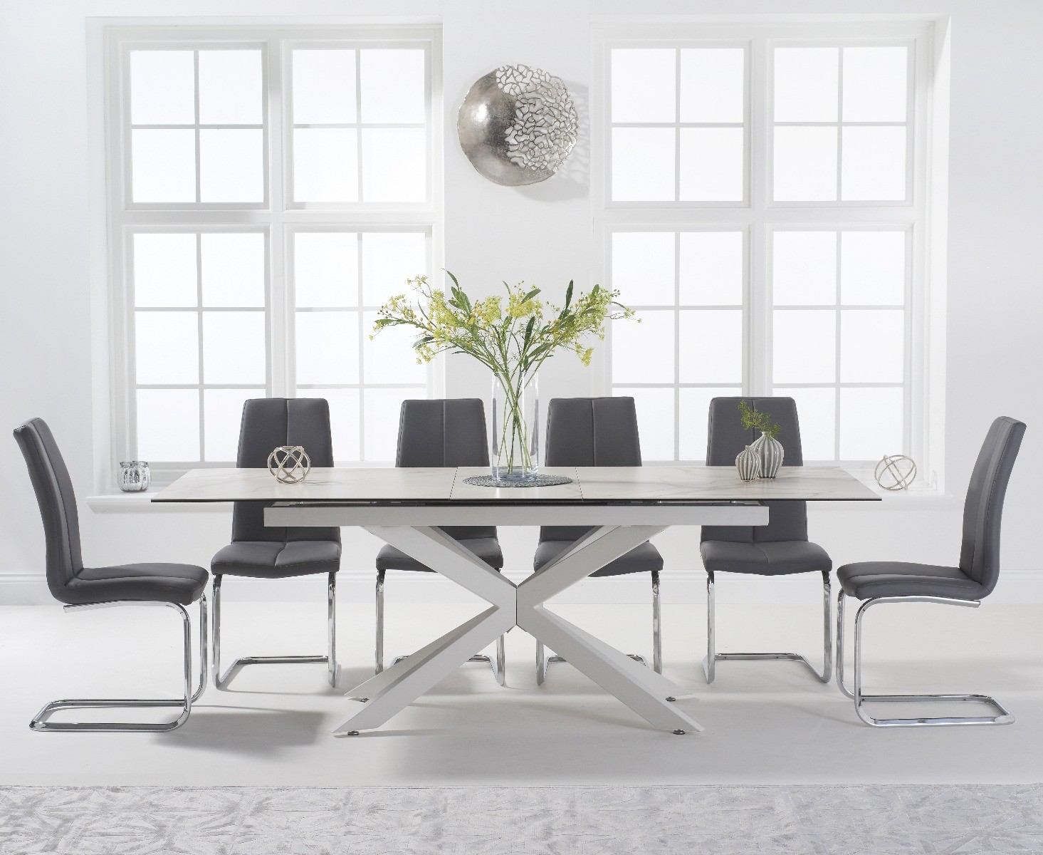 Extending Boston 180cm White Ceramic Dining Table With 8 Grey Gianni Chairs