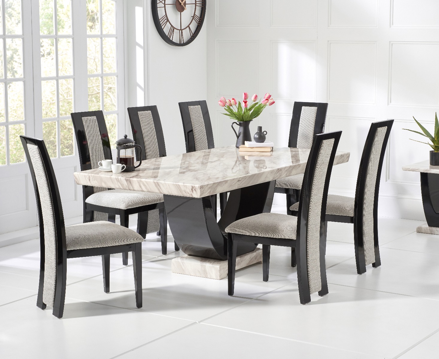 Novara 200cm Cream And Black Pedestal Marble Dining Table With 10 Black Novara Chairs