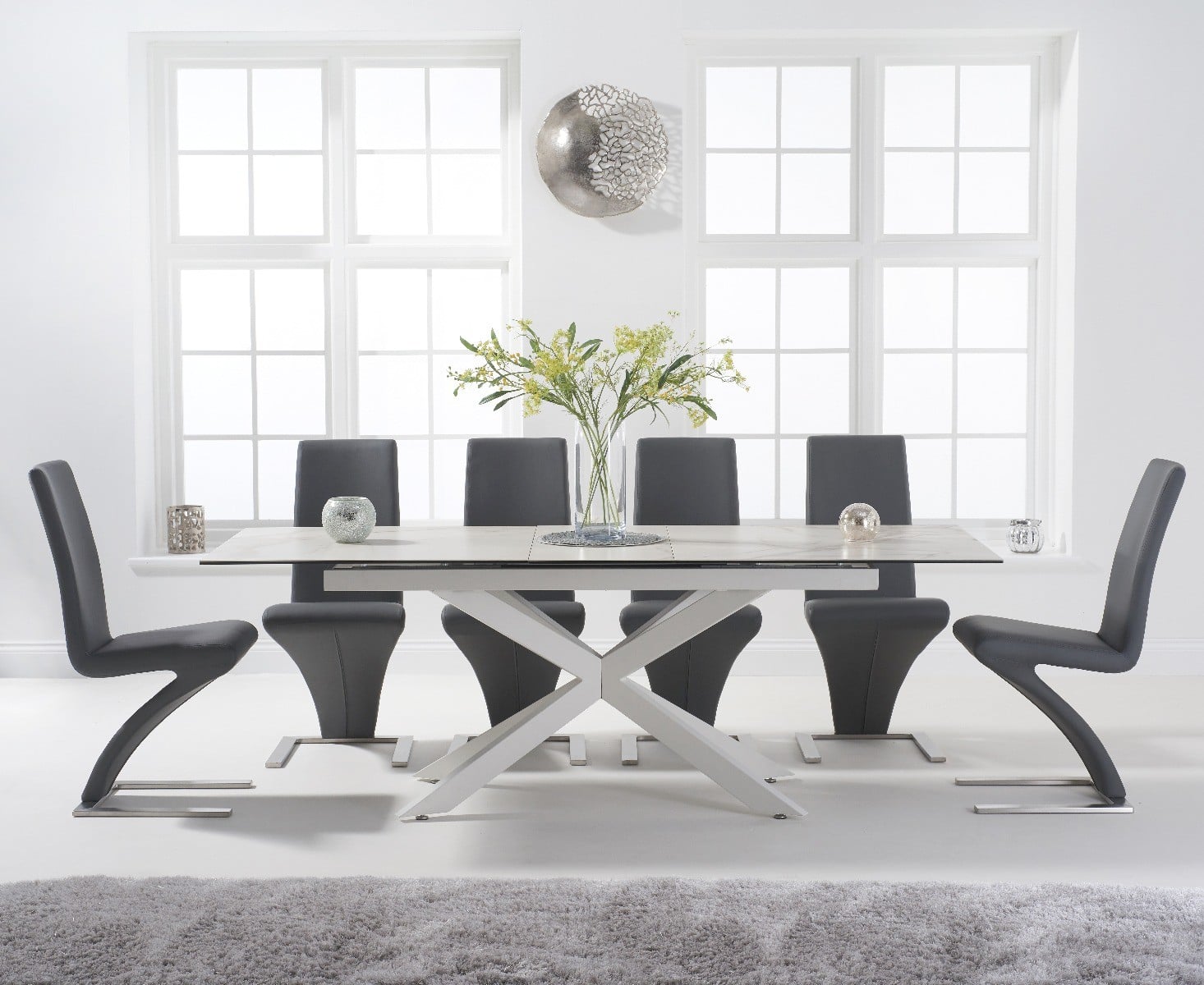 Extending Boston 180cm White Ceramic Dining Table With 10 Black Aldo Chairs