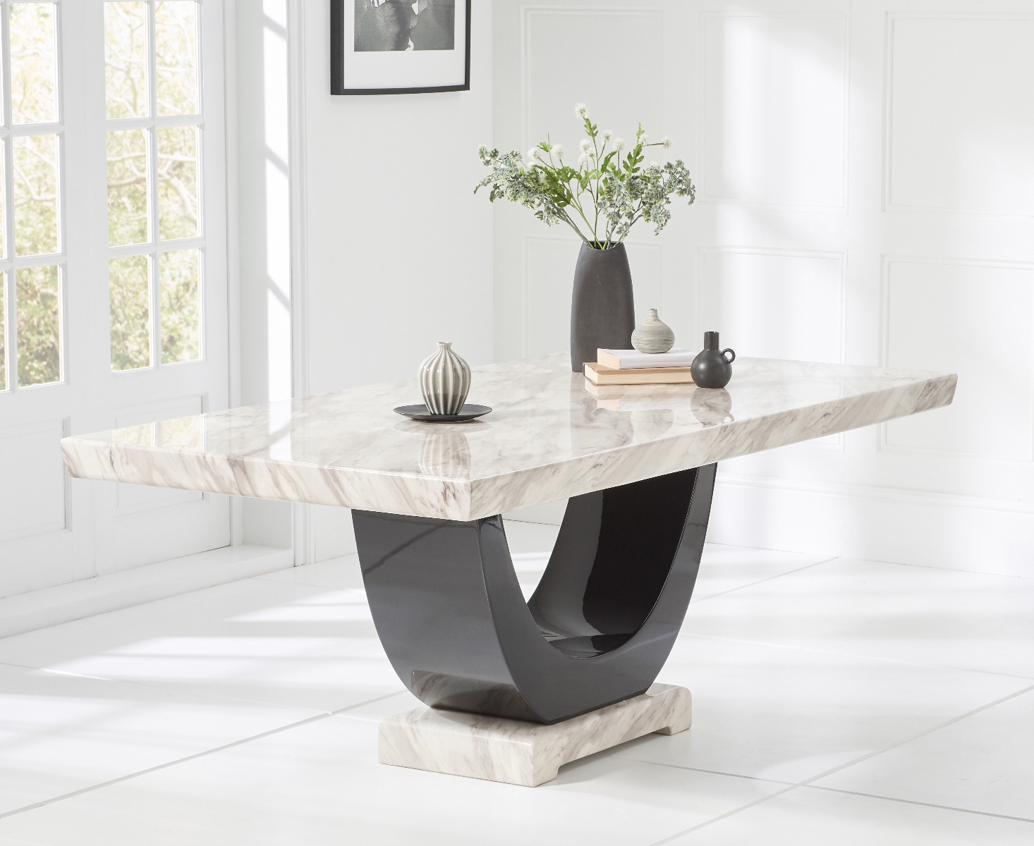 Novara 200cm Cream And Black Pedestal Marble Dining Table