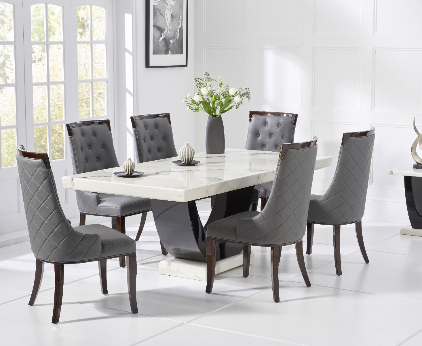 Novara 170cm White And Black Pedestal Marble Dining Table With 4 Grey Francesca Chairs