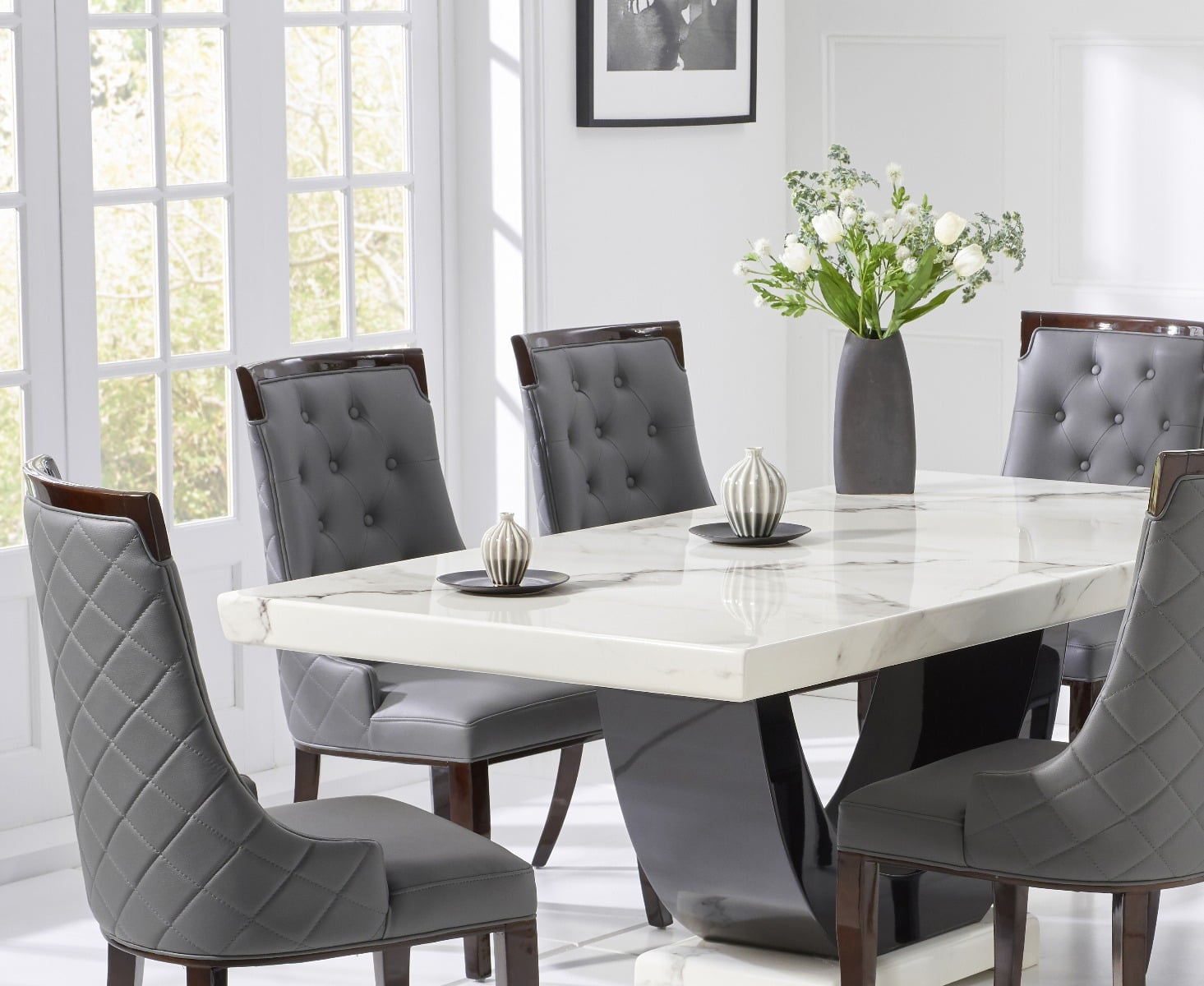Novara 170cm White and Black Pedestal Marble Dining Table with 6 Grey Francesca Chairs