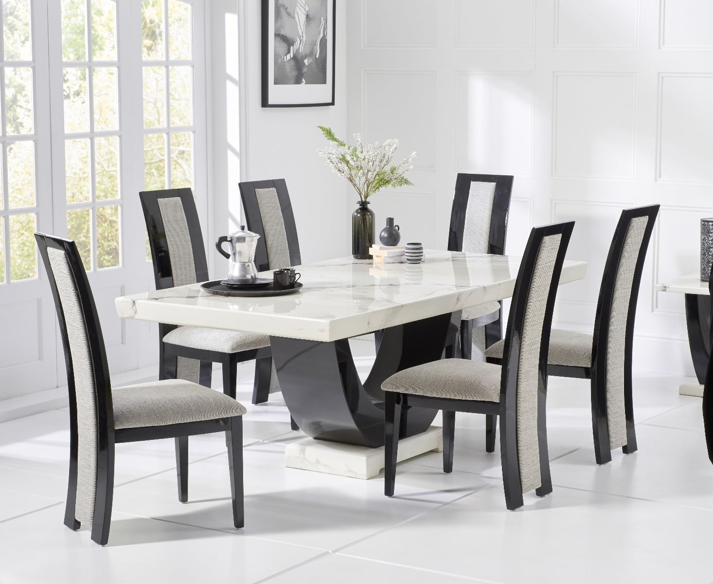 Novara 170cm White And Black Pedestal Marble Dining Table With 4 Black Novara Chairs