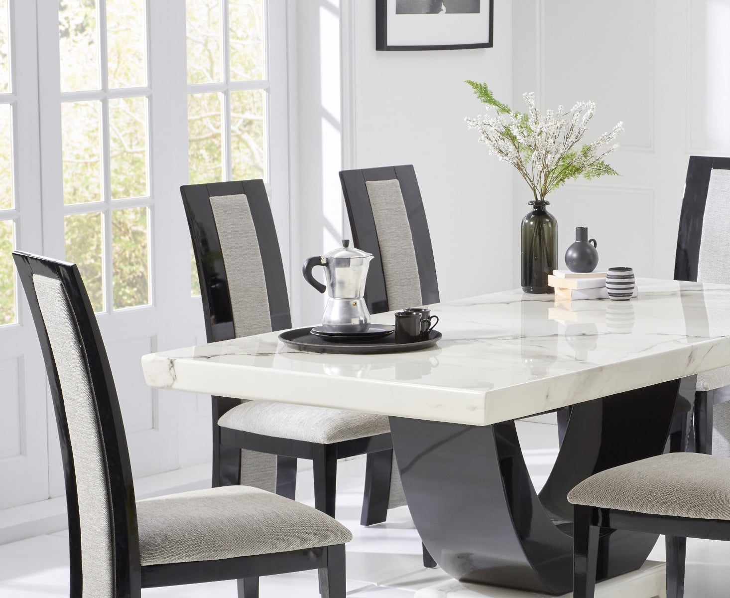 Novara 170cm White and Black Pedestal Marble Dining Table with 6 Black Novara Chairs