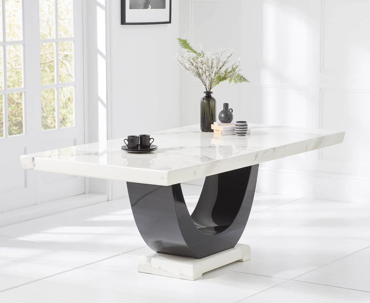 Novara 200cm White And Black Pedestal Marble Dining Table