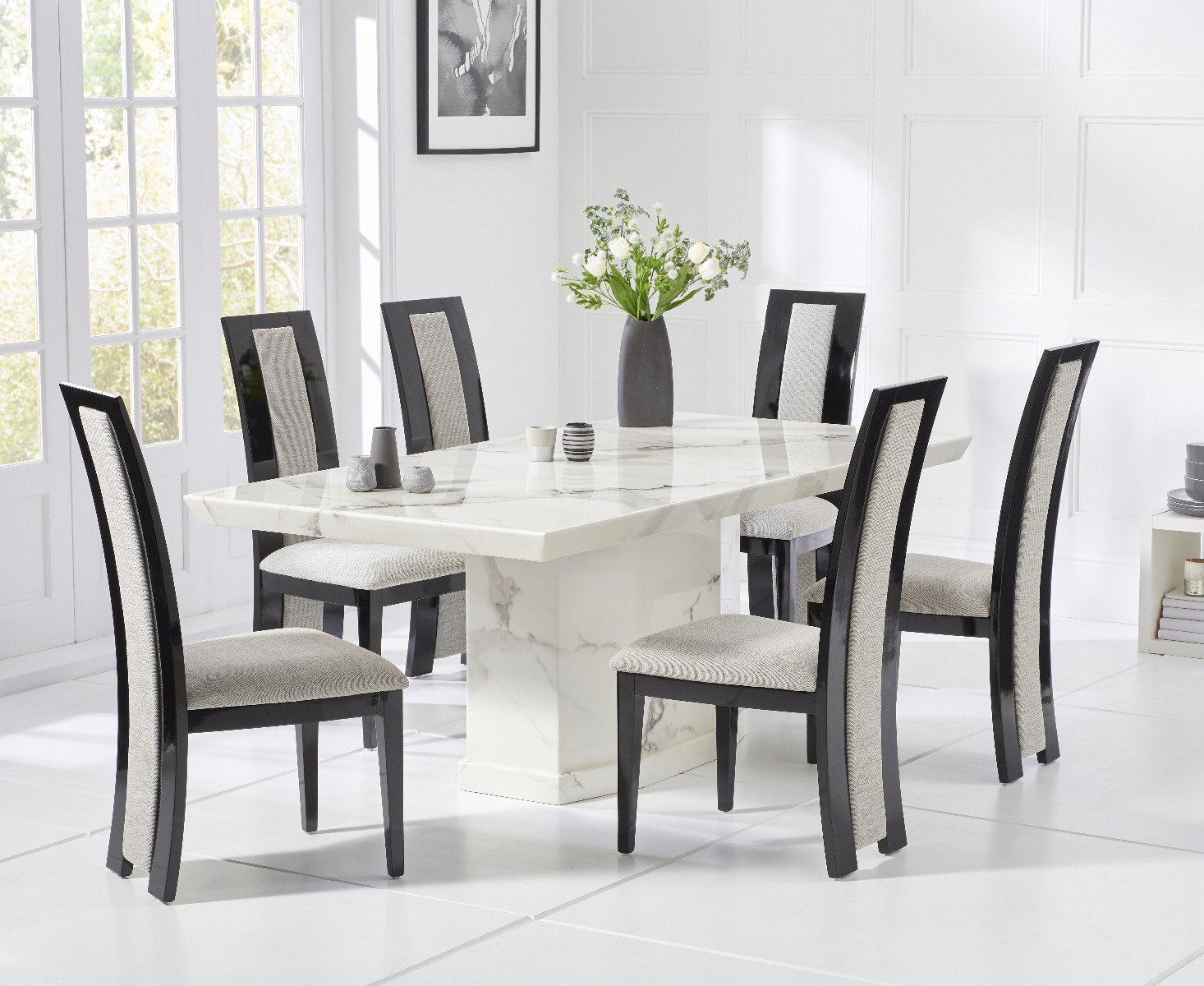 Carvelle 200cm White Pedestal Marble Dining Table With 6 Black Novara Chairs
