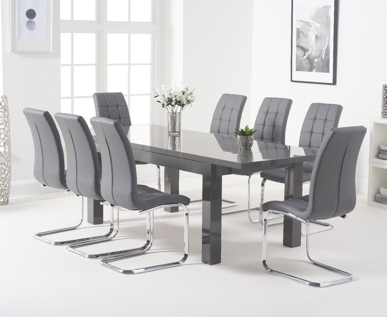 Extending Seattle 160cm Dark Grey High Gloss Dining Table With 6 Grey Vigo Chairs