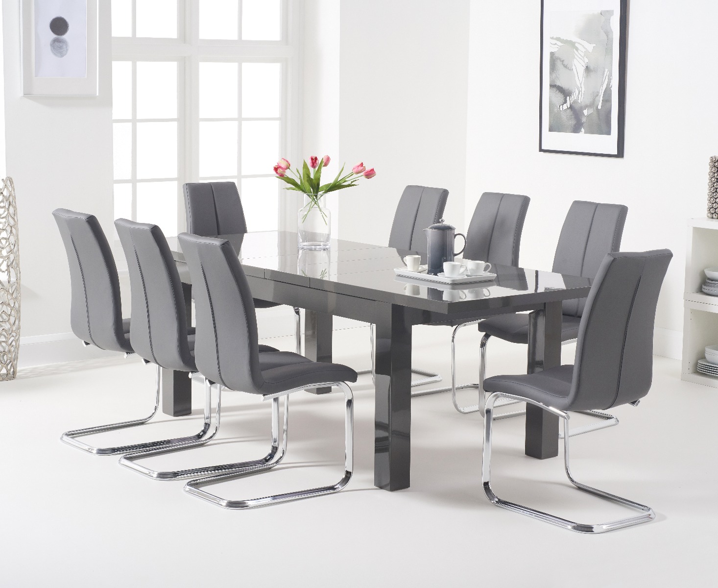 Extending Seattle 160cm Dark Grey High Gloss Dining Table With 6 Grey Gianni Chairs