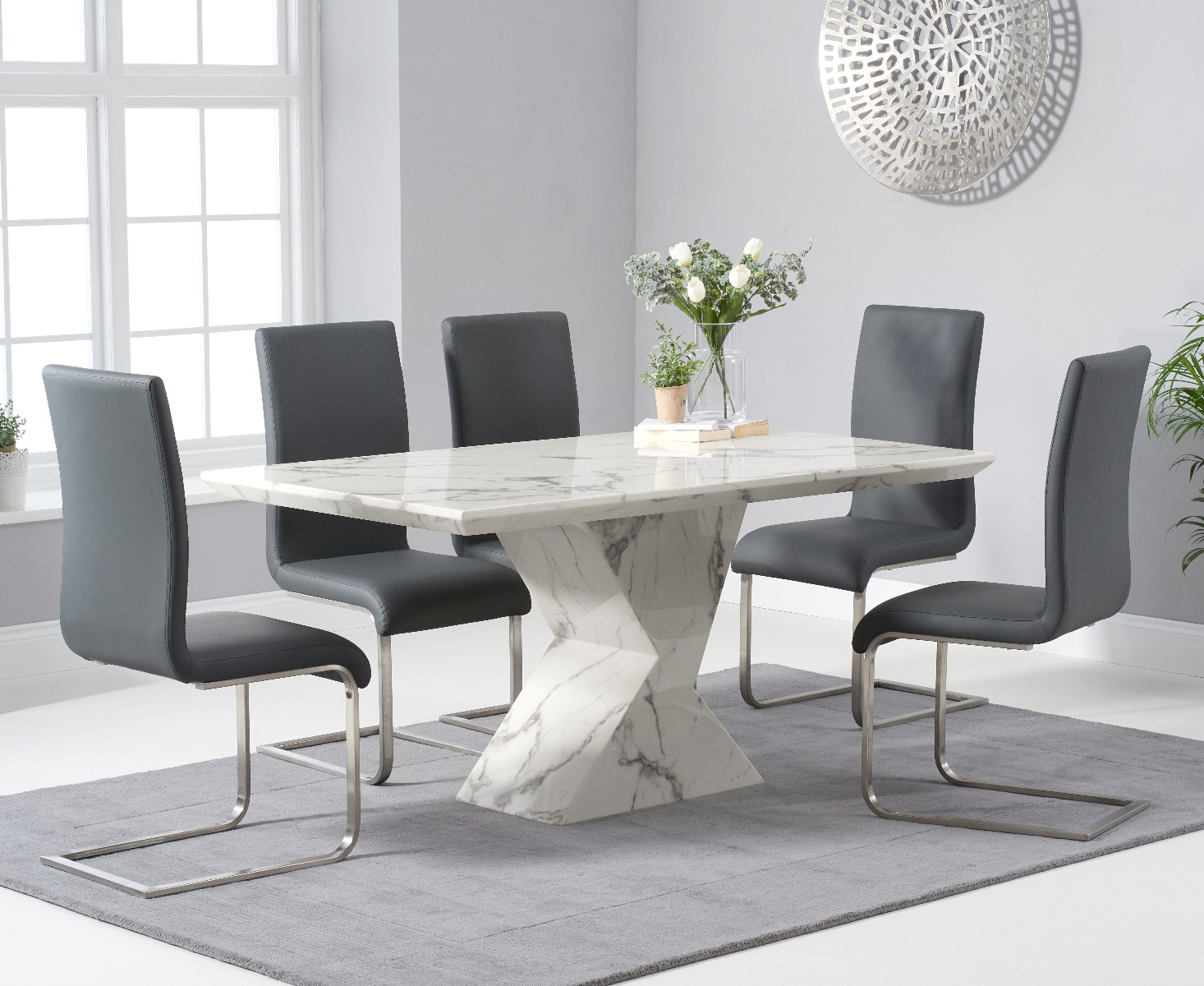 Aaron 160cm Marble White Dining Table With 8 Black Austin Chairs