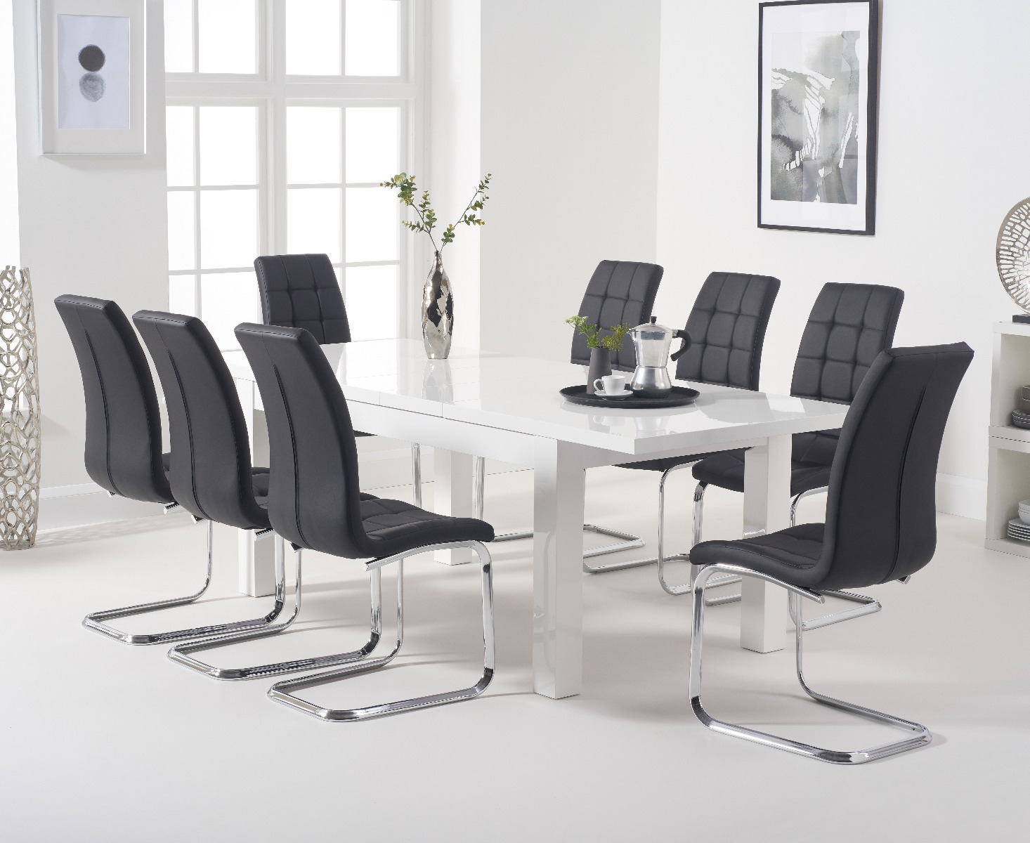 Extending Seattle 160cm White High Gloss Dining Table with 8 Grey Vigo Chairs thumbnail
