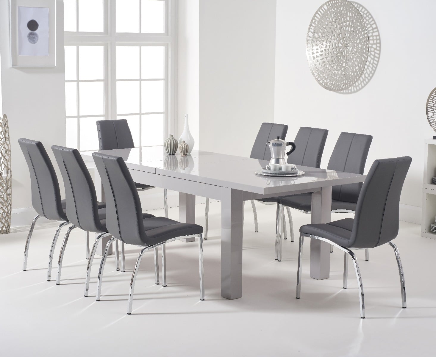 Extending Seattle 160cm Light Grey High Gloss Dining Table With 6 White Marco Chairs