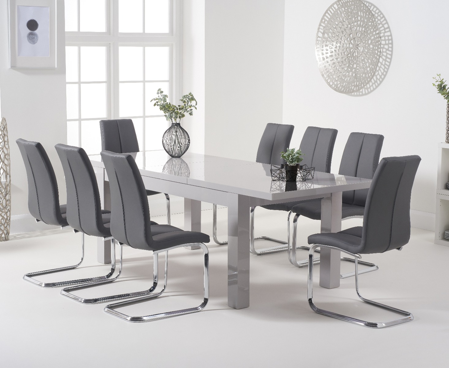 Extending Seattle 160cm Light Grey High Gloss Dining Table With 8 Grey Gianni Chairs
