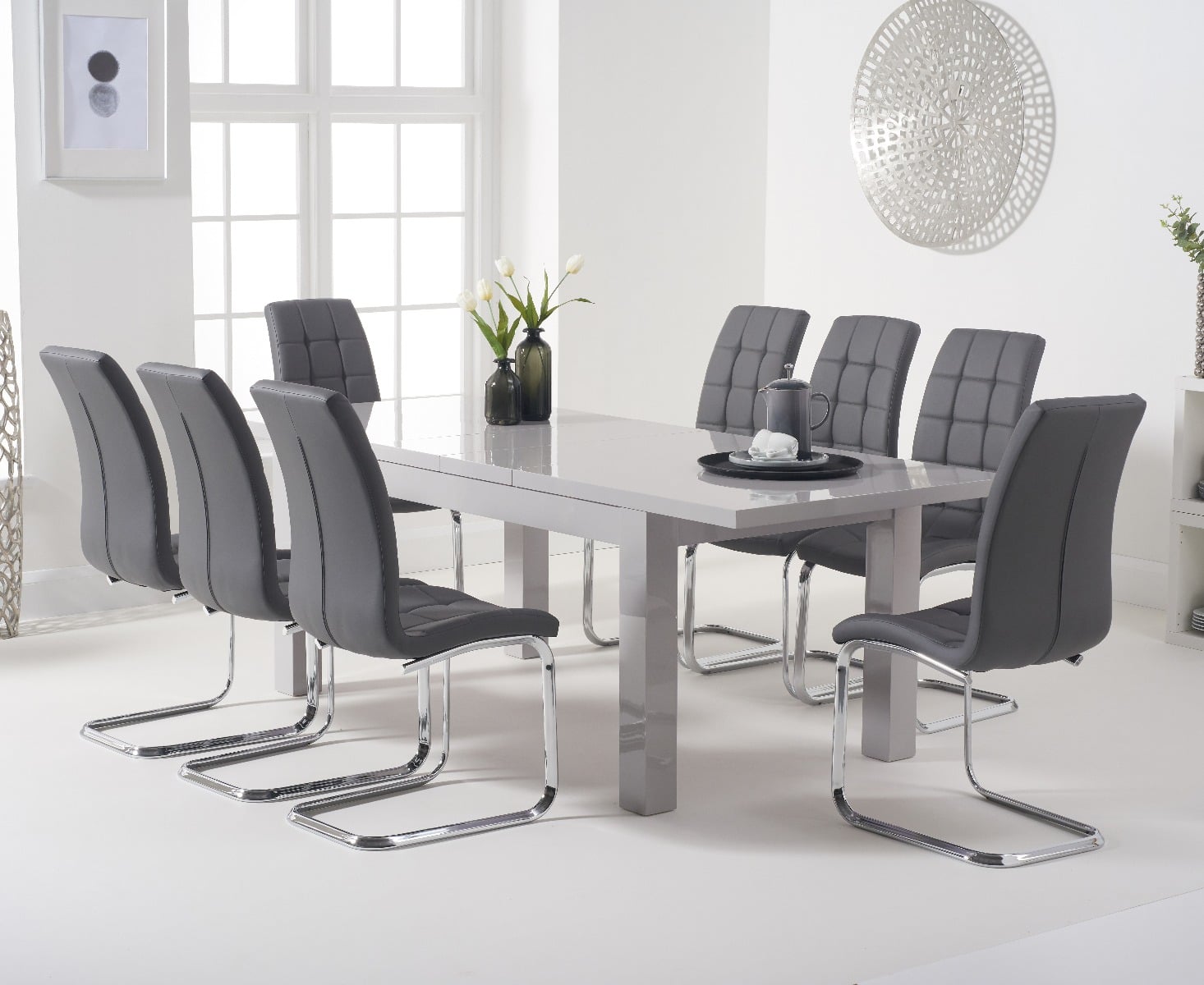 Extending Seattle 160cm Light Grey High Gloss Dining Table With 8 Grey Vigo Chairs
