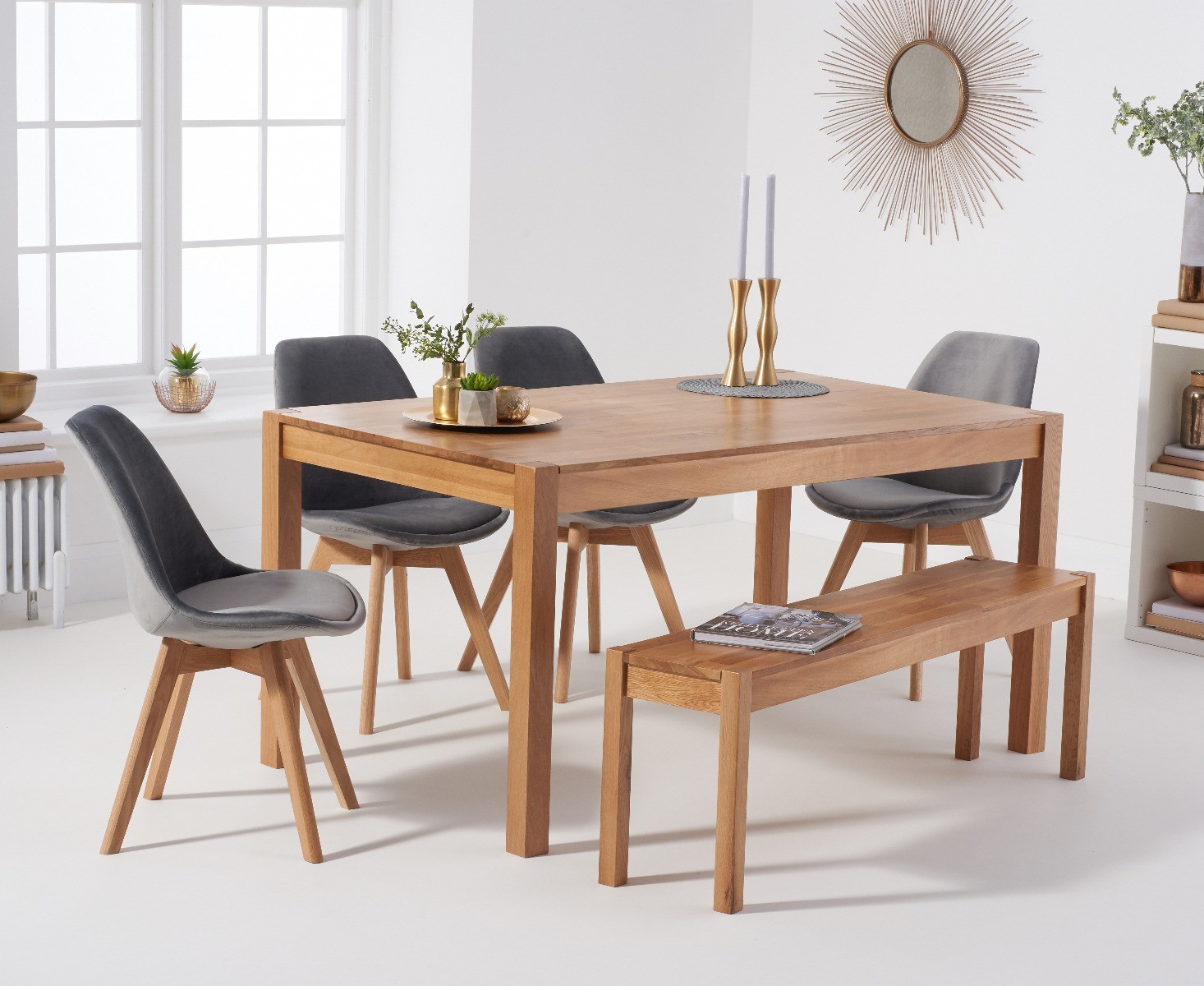 York 150cm Solid Oak Dining Table With 4 Grey Orson Chairs With 2 Oak Benches