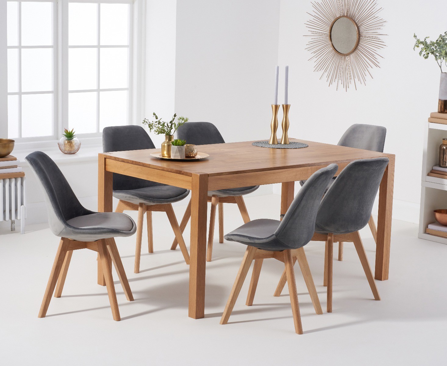 York 150cm Solid Oak Dining Table With 6 Grey Orson Chairs