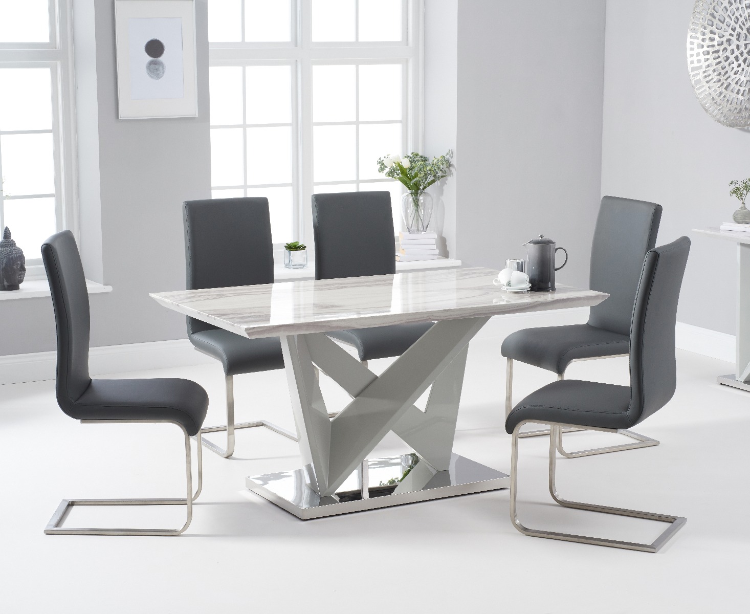 Marcella 150cm Marble Effect High Gloss Light Grey Dining Table With 6 Grey Austin Chairs