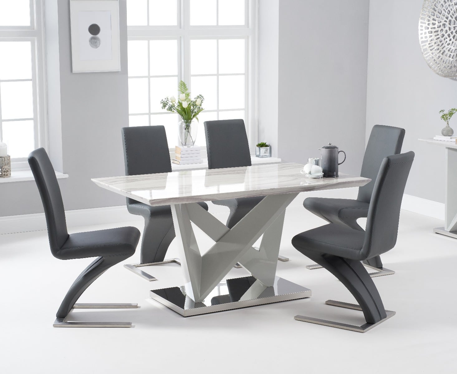 Marcella 150cm Marble Effect High Gloss Light Grey Dining Table With 4 Black Aldo Chairs