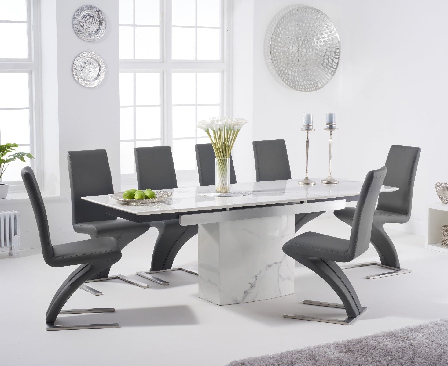 Extending Savona 160cm White Ceramic Dining Table with 6 Grey Aldo Chairs