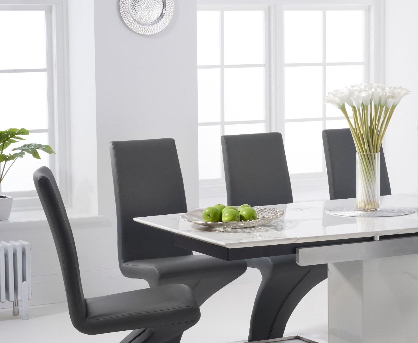 Extending Savona 160cm White Ceramic Dining Table with 6 Grey Aldo Chairs