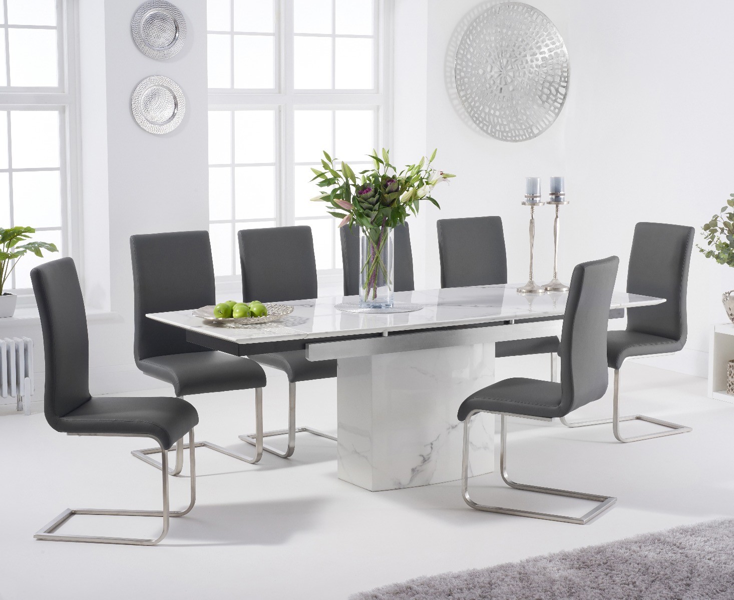Extending Savona 160cm White Ceramic Dining Table With 4 Grey Austin Chairs