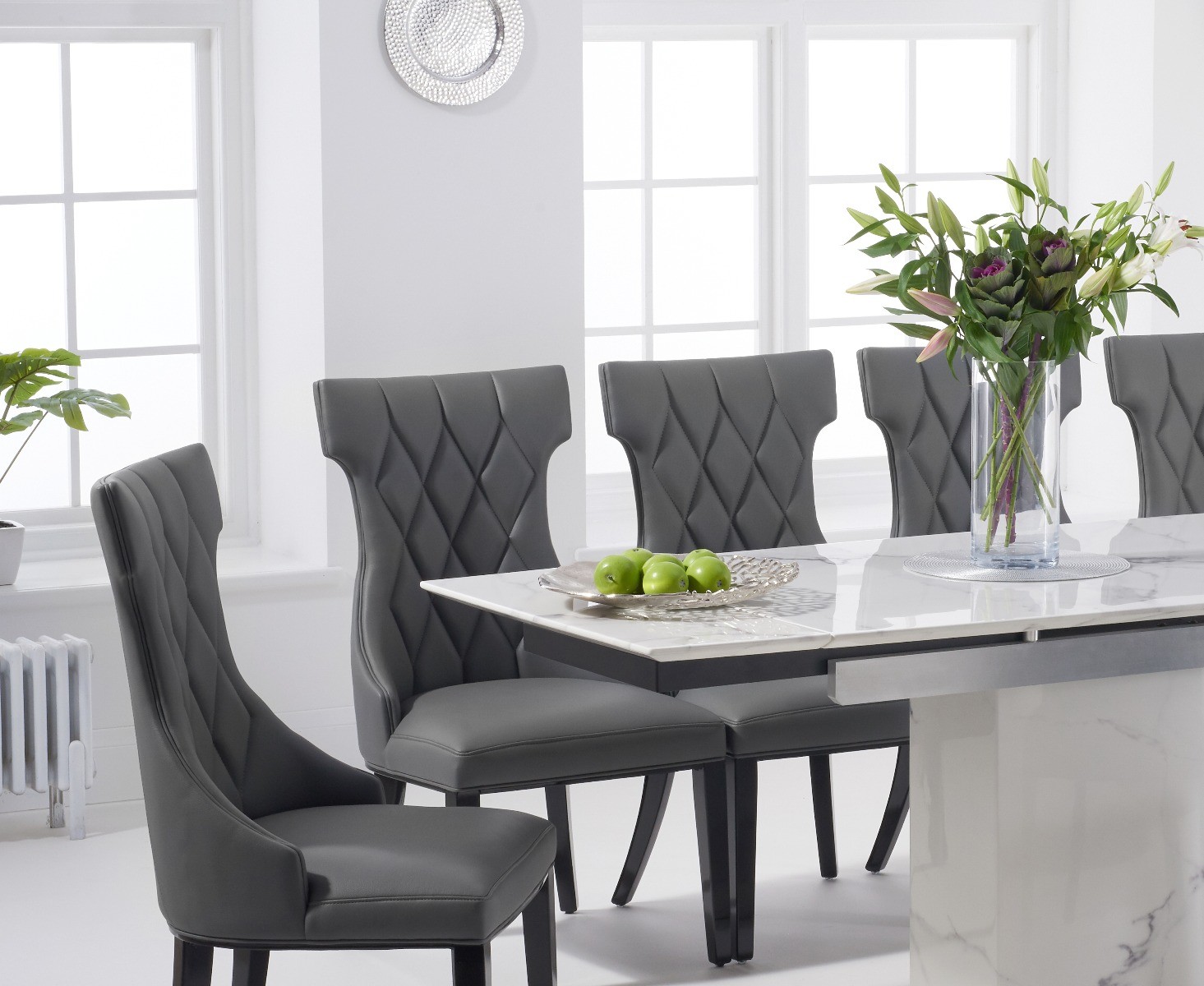 Extending Savona 160cm White Ceramic Dining Table with 10 Grey Sophia Chairs