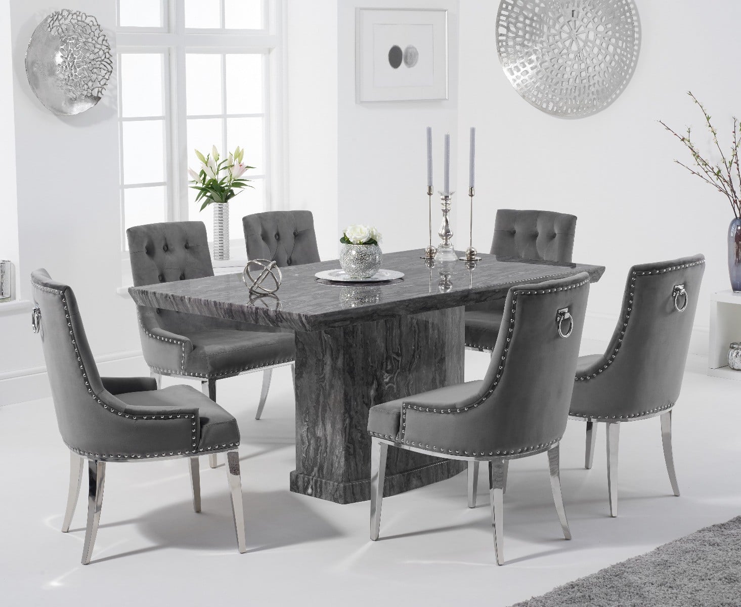 Carvelle 160cm Grey Pedestal Marble Dining Table With 4 Grey Sienna Chairs
