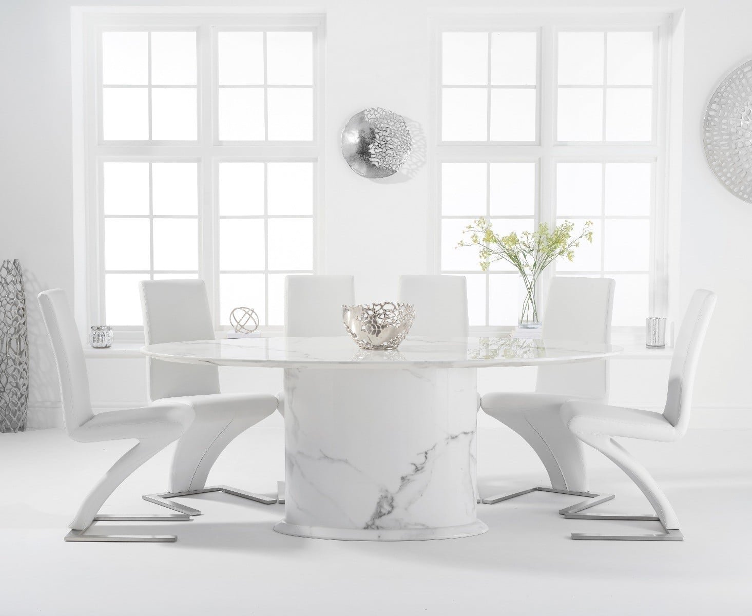 Colby 200cm White Oval Marble Dining Table With 6 Black Aldo Chairs