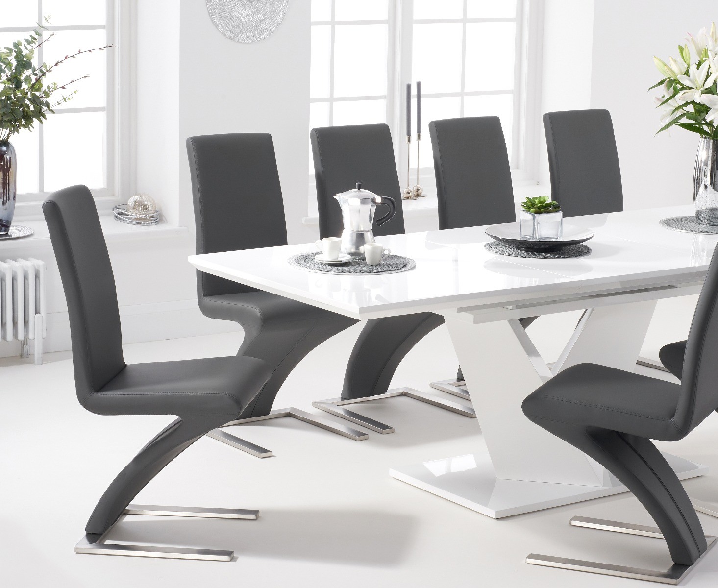 Extending Vittorio 160cm White High Gloss Dining Table with 10 Grey Aldo Chairs