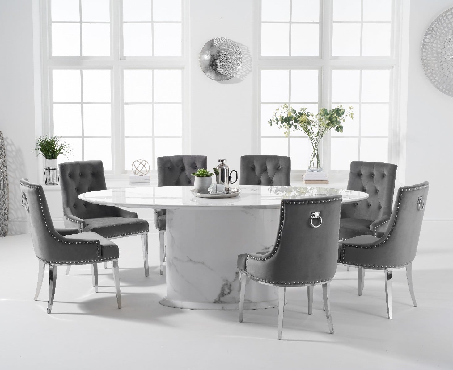Colby 200cm White Oval Marble Dining Table With 6 Grey Sienna Chairs