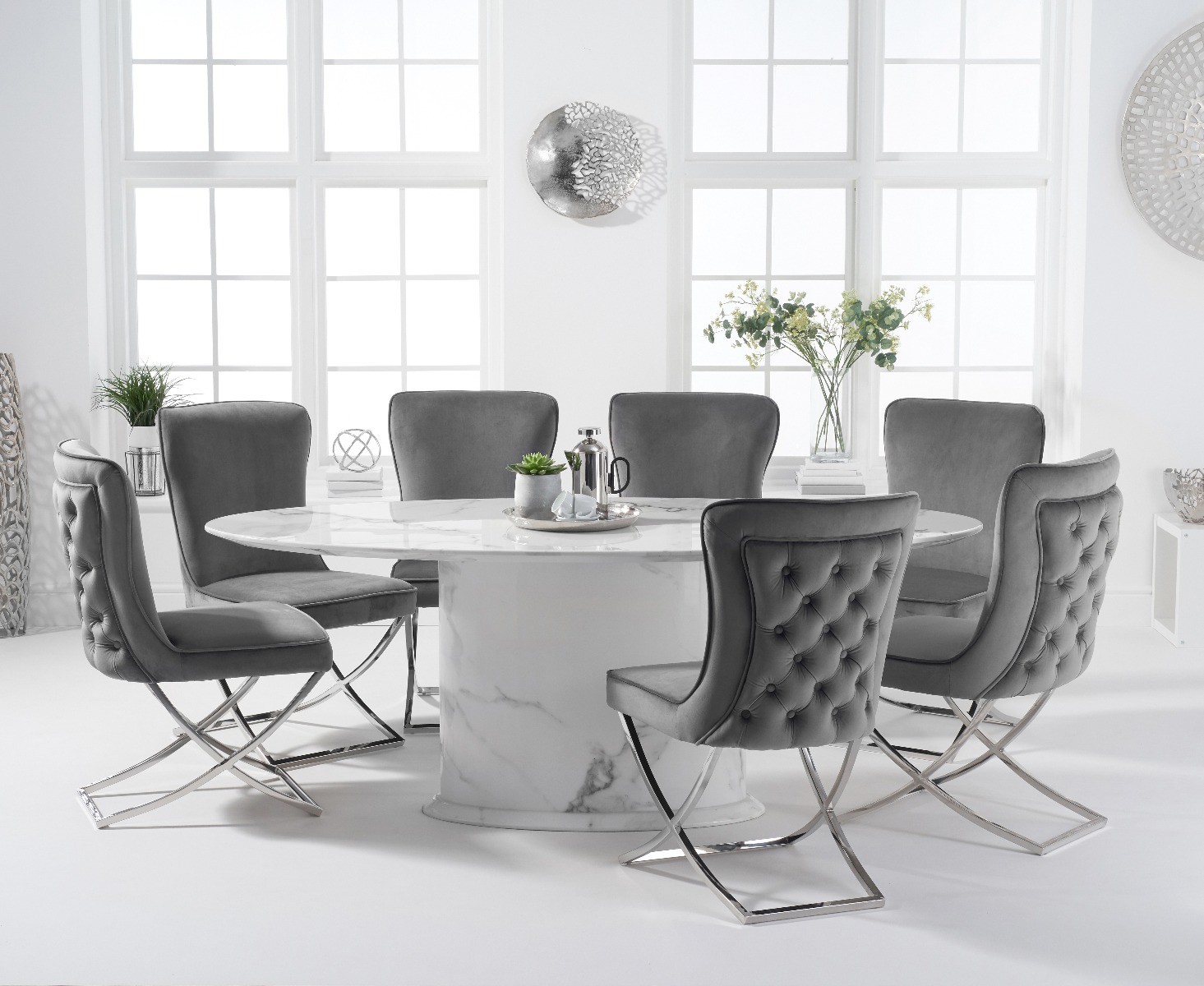 Colby 200cm White Oval Marble Dining Table With 6 Grey Lorenzo Chairs
