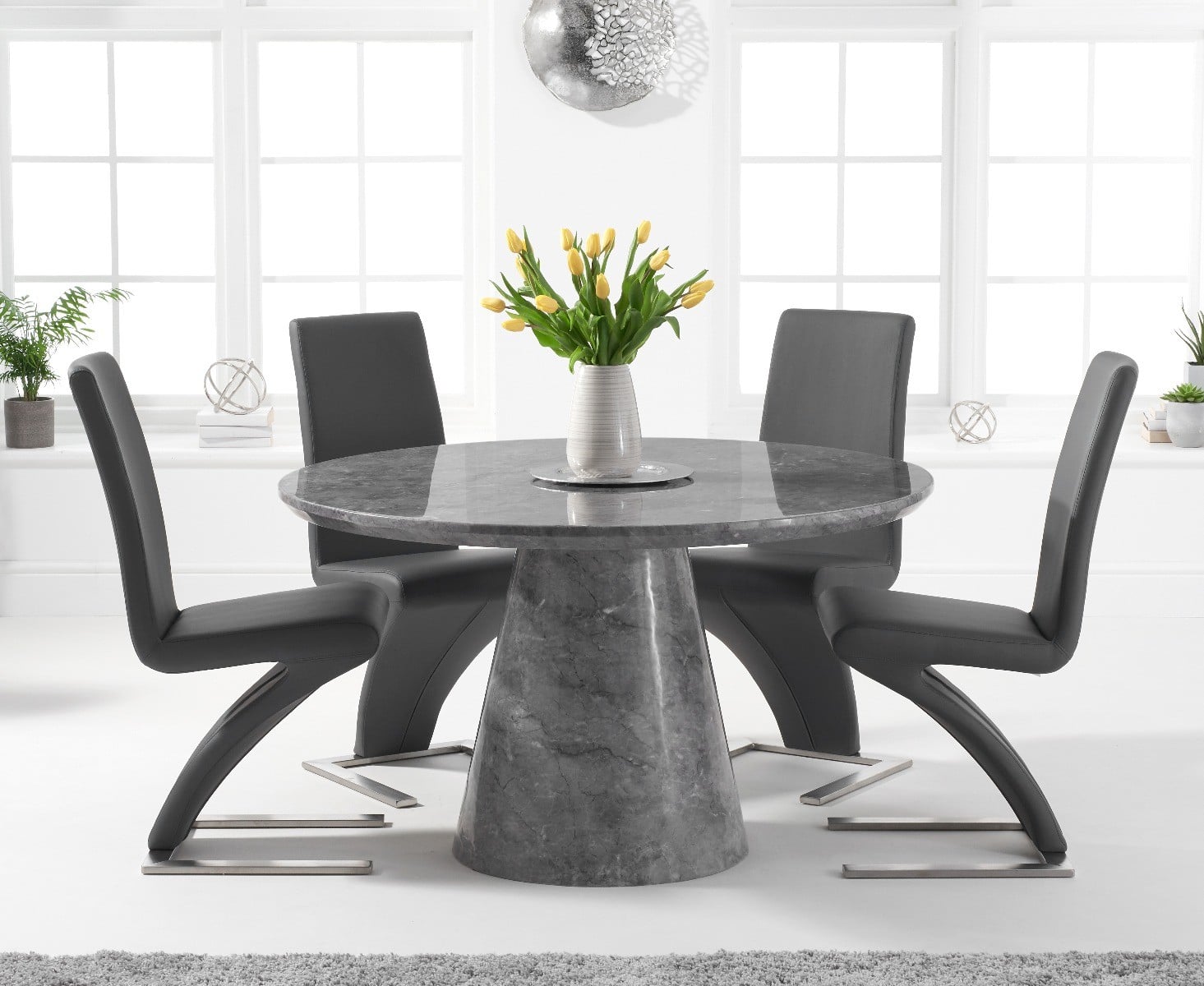 Ravello 130cm Round Grey Marble Dining Table With 6 Grey Aldo Chairs