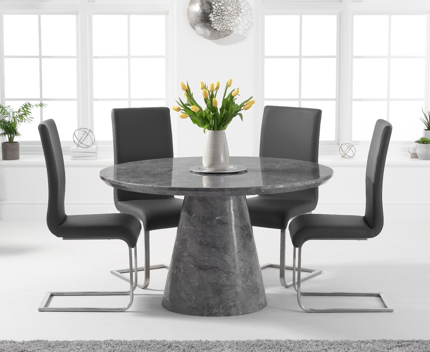 Ravello 130cm Round Grey Marble Dining Table With 6 Grey Austin Chairs