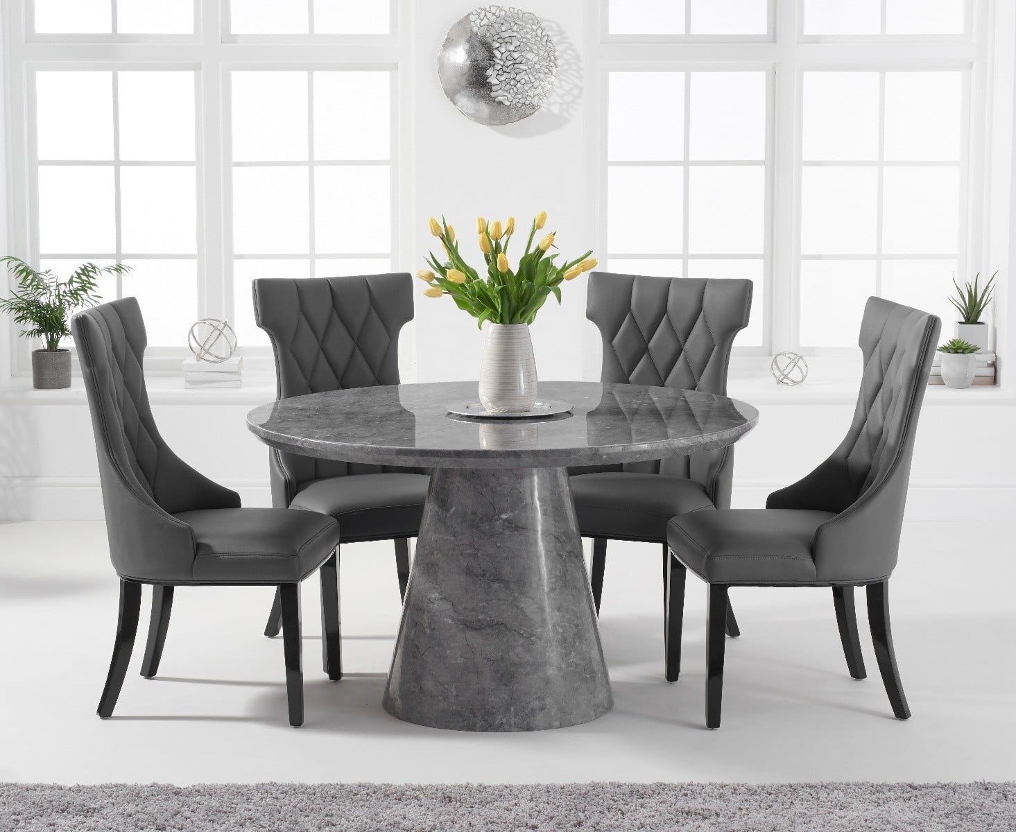 Ravello 130cm Round Grey Marble Dining Table With 6 Cream Sophia Chairs