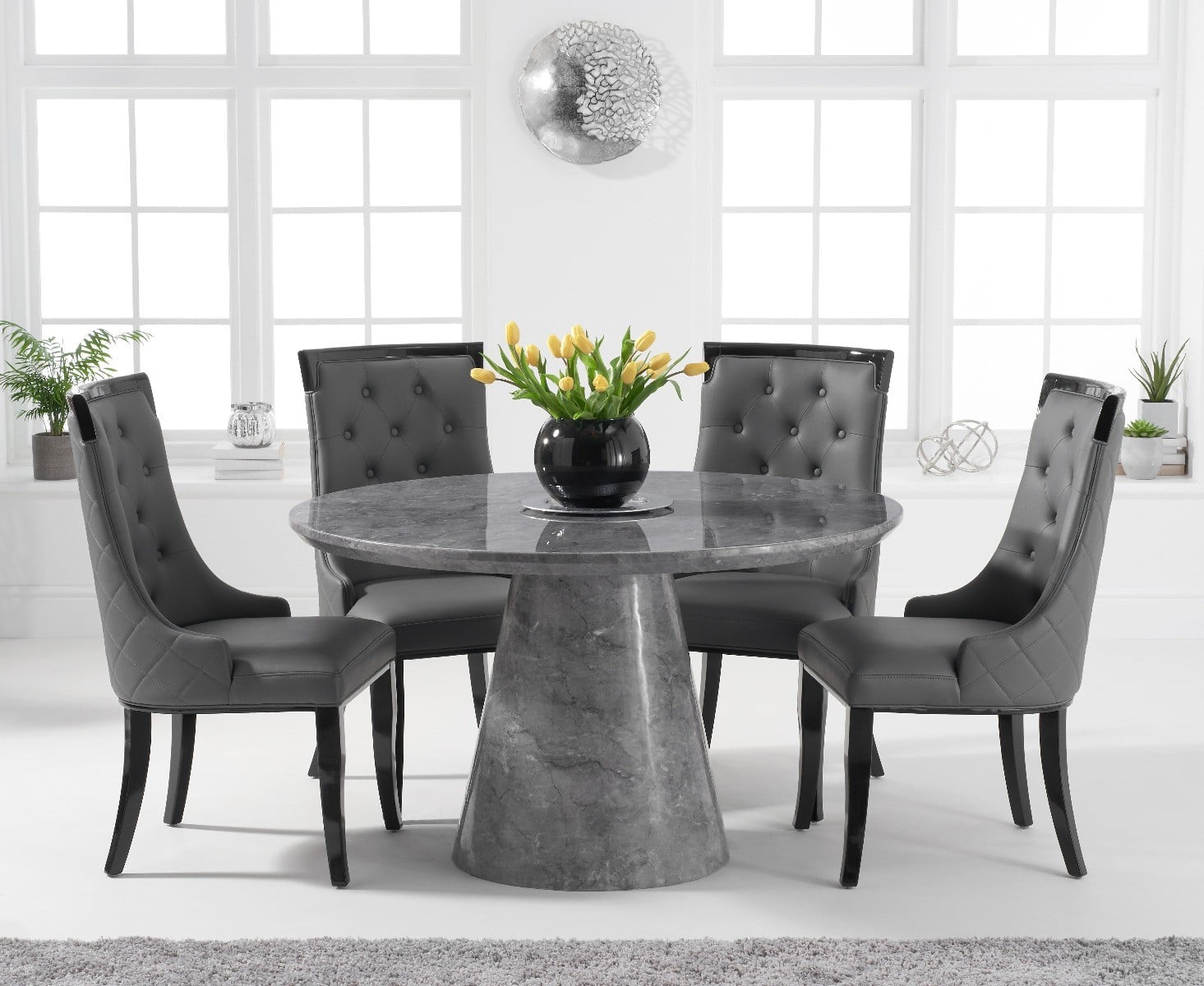 Ravello 130cm Round Grey Marble Dining Table With 6 Cream Francesca Chairs