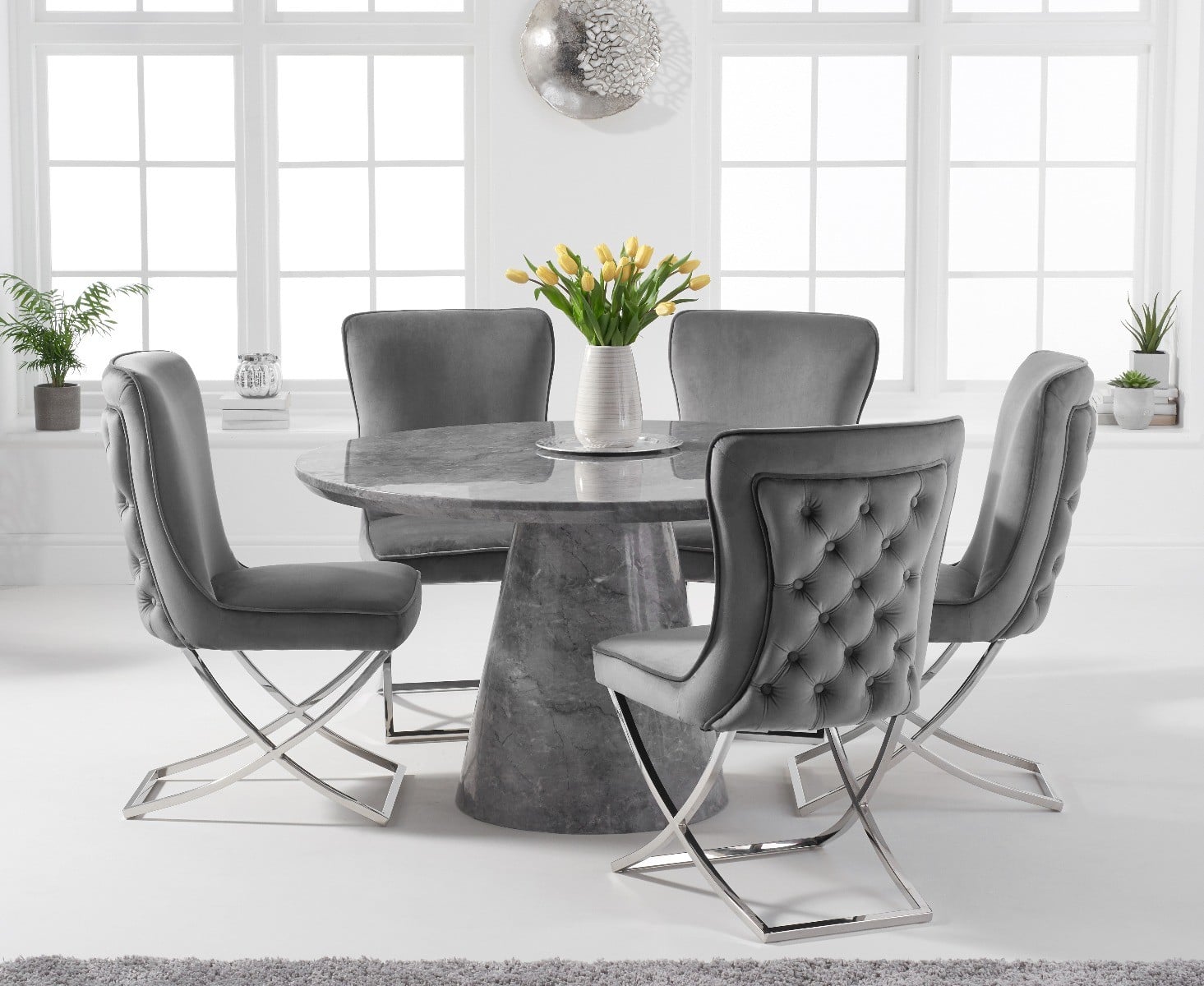 Ravello 130cm Round Grey Marble Dining Table With 6 Grey Lorenzo Chairs