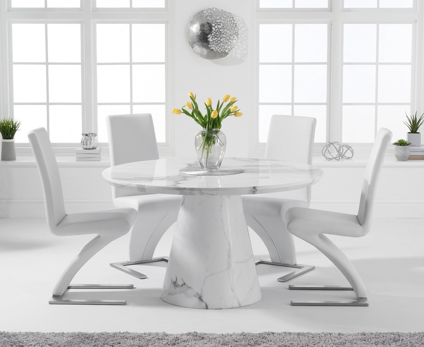 Ravello 130cm Round White Marble Dining Table With 4 Grey Aldo Chairs