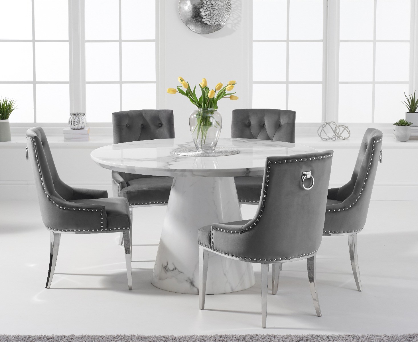 Ravello 130cm Round White Marble Dining Table With 6 Grey Sienna Chairs