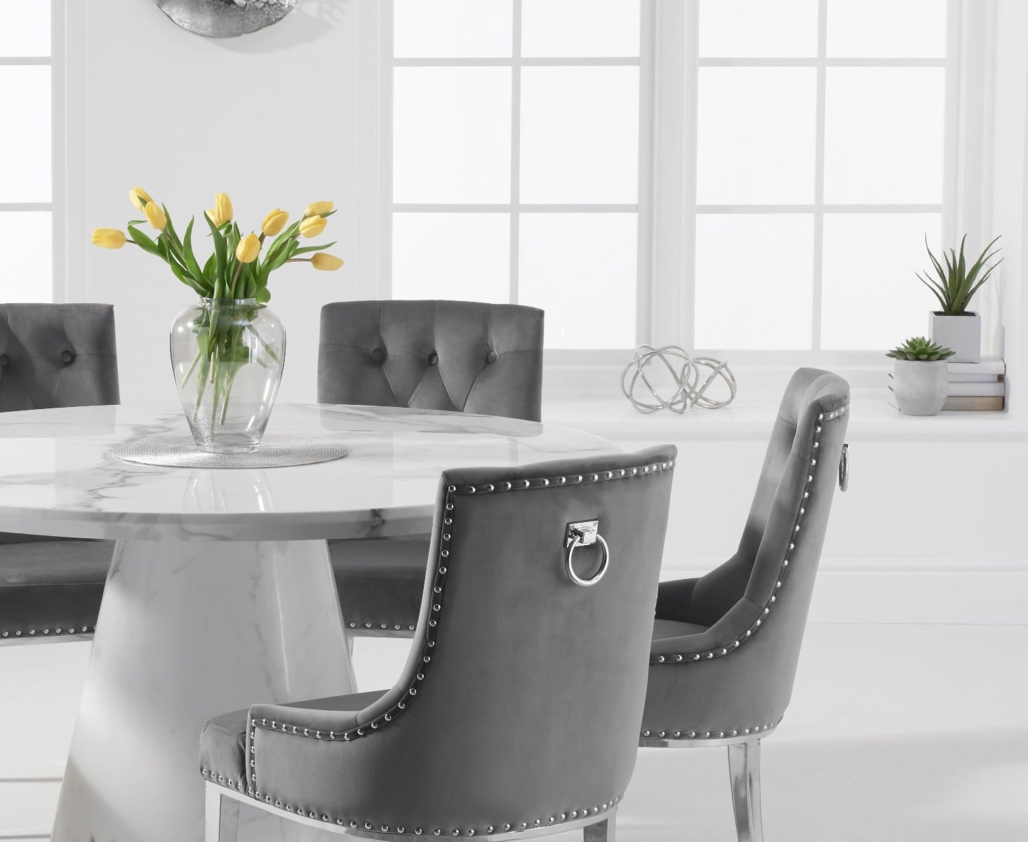 Ravello 130cm Round White Marble Dining Table with 6 Grey Sienna Chairs