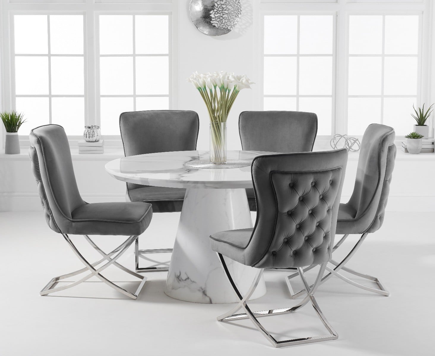 Ravello 130cm Round White Marble Dining Table With 6 Grey Lorenzo Chairs