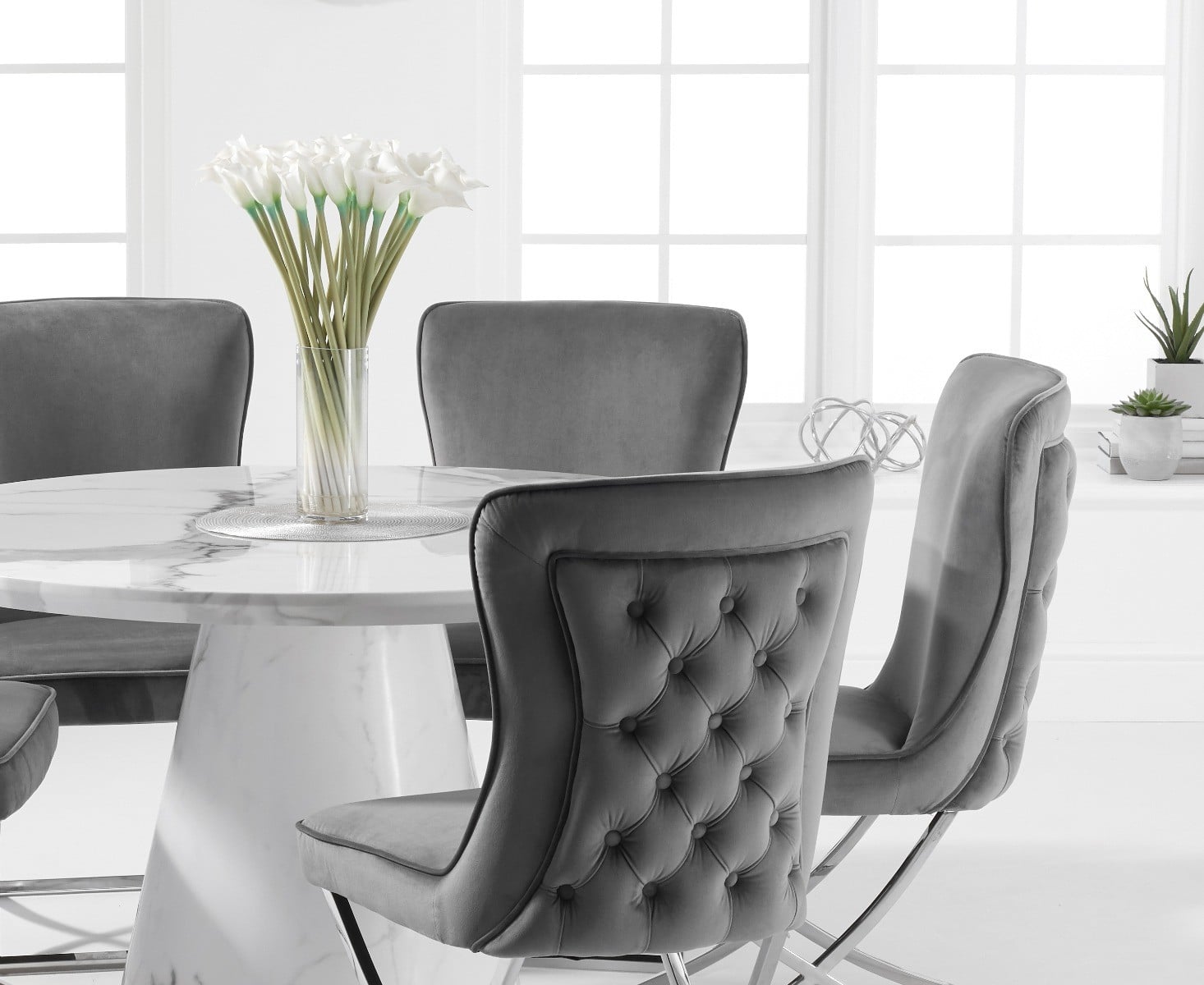 Ravello 130cm Round White Marble Dining Table with 6 Grey Lorenzo Chairs