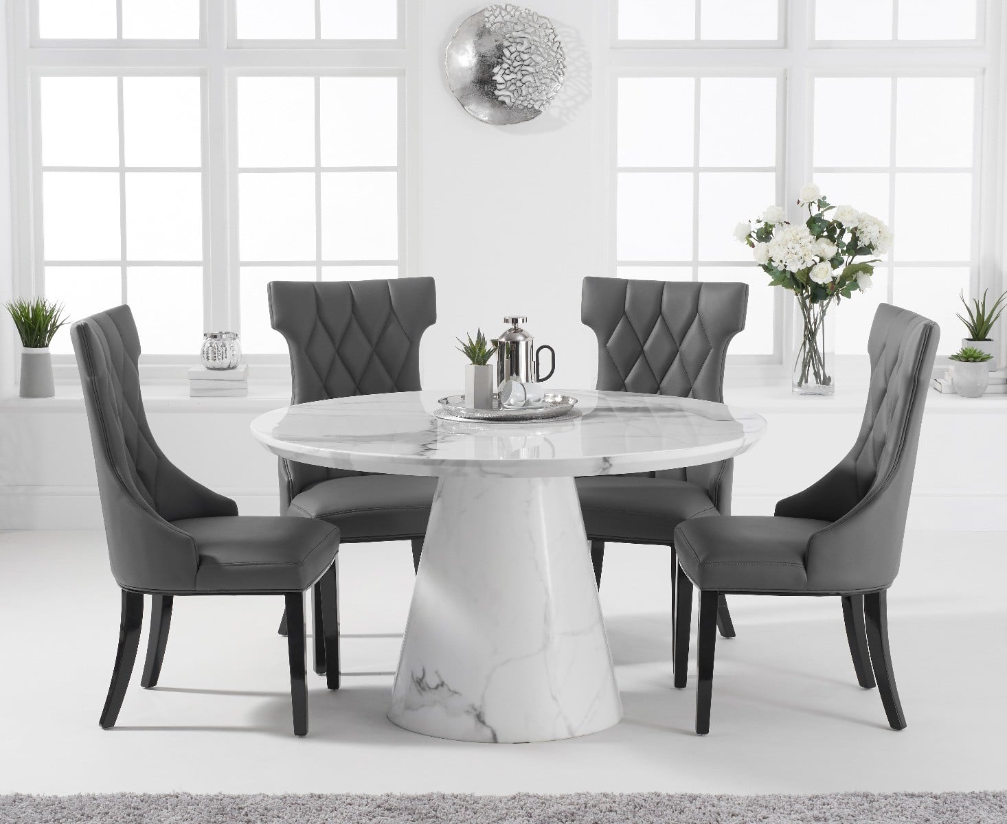 Ravello 130cm Round White Marble Dining Table With 4 Cream Sophia Chairs