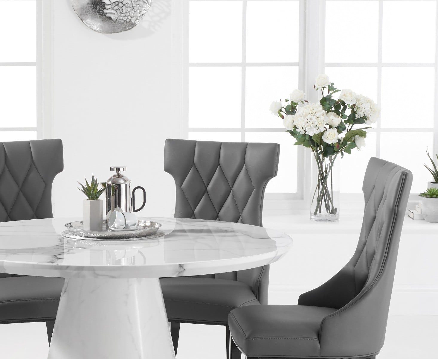 Ravello 130cm Round White Marble Dining Table with 6 Grey Sophia Chairs